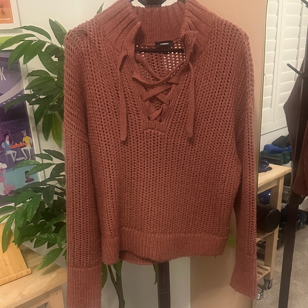 Express Lace-Up Open Knit Sweater in Rose